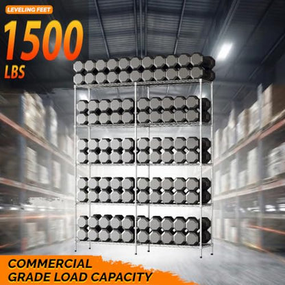 5 Tier Storage Shelves 1430LBS Heavy Duty Metal Shelving (Chrome / 58"W × 13.8"D × 71"H)