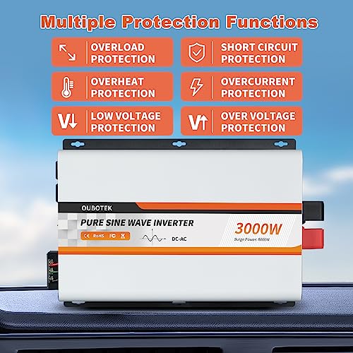 3000W Pure Sine Wave Power Inverter DC 12V to AC 120V (3000W-Wired / 12V)