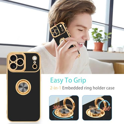 for iPhone 17 Pro Case 360° Rotatable Ring Holder Kickstand Shiny (For iPhone 17 Pro(6.3 inch,2025) / A-Black)
