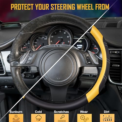 Line Rider Microfiber Leather Sporty Steering Wheel Cover Universal Fits for 95% Truck (Black＆Yellow / Standard[14.5"-15"])