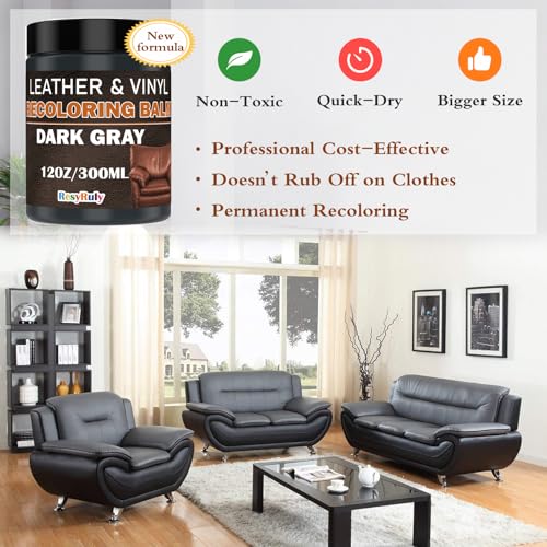 Dark Gray Recoloring Balm Leather Vinyl Auto Dash Board Car Interior Seats Paint Furniture Dye Color Restorer Refinish Shoes Sofa Gloves Jacket Purse Bag Couch Stain Fade Scratches Peeling Repair Kit (Dark Gray)