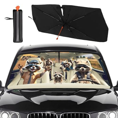 2025 Upgrade Funny Animals Car Windshield Sun Shade Umbrella 5 Layers Nano Coatings Raccoon Driving Car Front Window UV Block Sunshade Cover for Most Cars SUV (Raccoon Driving)