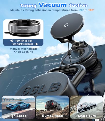 15W Wireless Charger Magnetic Car Phone Holder [Vacuum Suction Cup] 360° Adjustable & Foldable Car Mount for Dashboard (Car Charger Mount)