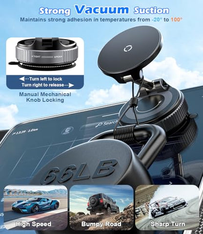 15W Wireless Charger Magnetic Car Phone Holder [Vacuum Suction Cup] 360° Adjustable & Foldable Car Mount for Dashboard (Car Charger Mount)