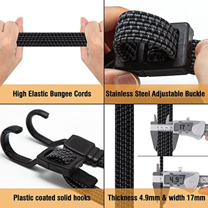 Bungee Cords Flat Adjustable Bungee Cords with Hooks Heavy Duty 48 Inch (48 Inch / 6pcs Black)