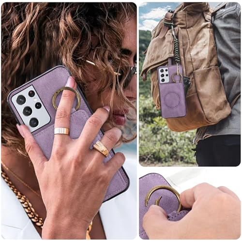 Compatible with Samsung Galaxy S21 Ultra 5G Wallet Case Screen Protector Crossbody Shoulder Strap Ring Buckle Stand Card Holder Phone Cover for S21ultra 21S S 21 21ultra G5 Women Men Purple (Purple / for S21 Ultra)