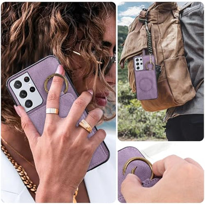 Compatible with Samsung Galaxy S21 Ultra 5G Wallet Case Screen Protector Crossbody Shoulder Strap Ring Buckle Stand Card Holder Phone Cover for S21ultra 21S S 21 21ultra G5 Women Men Purple (Purple / for S21 Ultra)