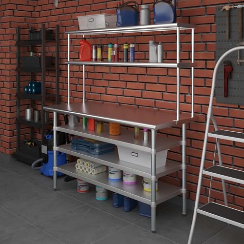 24" x 60" Stainless Steel Work Table with 3 Shelves and 12" Wide Double Tier Overshelf (24" x 60" Table with 3 Shelves + 12" Overshelf)