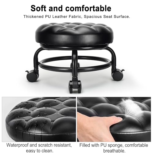 Low Height Rolling Stool Roller Stool PU Leather Comfortable Seat 360°Swivel Rotating (Style 1)