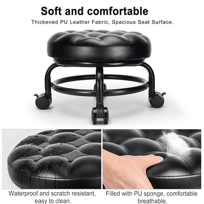Low Height Rolling Stool Roller Stool PU Leather Comfortable Seat 360°Swivel Rotating (Style 1)