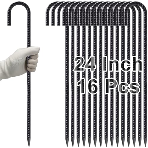 Rebar Stakes 24 Inch J Hook Heavy Duty (J-24 Inch-16 Pcs / J-24 Inch-Φ3/8"-Black)