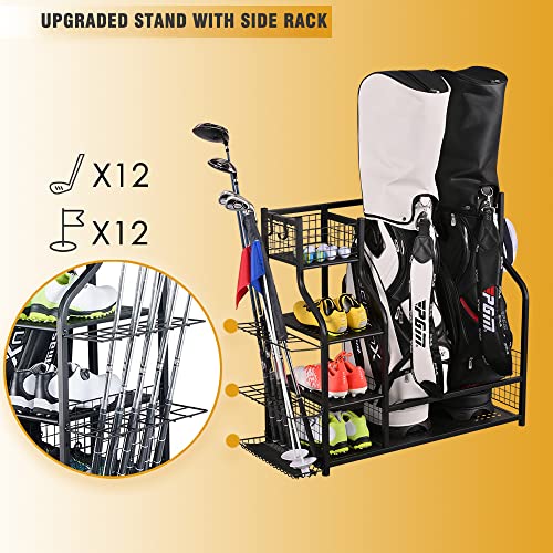 2 Golf Bag Rack Garage Storage Organizer Metal Black Golf Clubs Stand (Black(For 2 Golf Bags+Wheels))