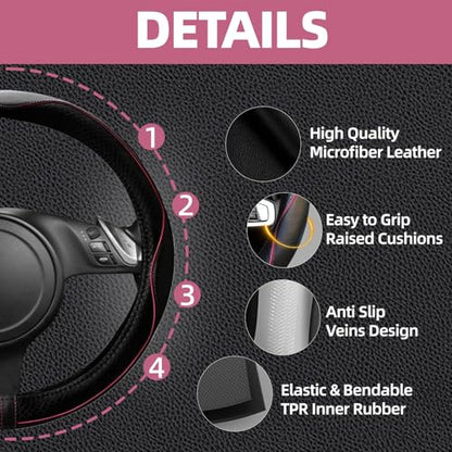 10 PCS Leather Car Seat Covers Front Seats Set (Steering Wheel Cover Set / Black and pink)