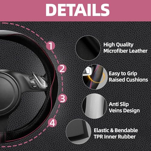 14 PCS Leather Car Seat Covers Full Set (Steering Wheel Cover Set / Black & pink)