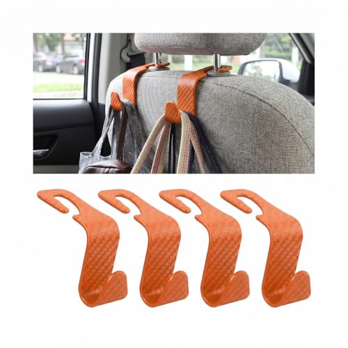 4 Pack Headrest Hooks for Vehicle Seats (Carbon Fiber/Orange)