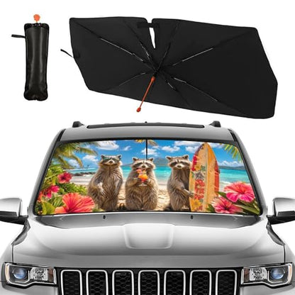 Funny Raccoon Car Windshield Sun Shade Umbrella Hawaiian Raccoon Car Sun Shade Umbrella Block UV Rays Heat Foldable Windshield Umbrella Sun Visor Protector (Racc-2)