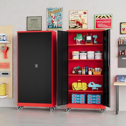 75" Tall Metal Storage Cabinet with Wheels (75"H x 31.5"W x 16"D / Red Black)