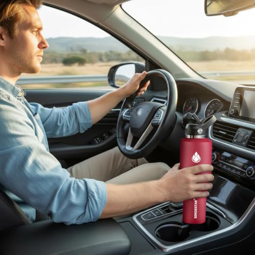 32oz Water Bottle Wide Mouth Stainless Steel Vacuum Insulated Double Wall with Straw Lids Fit in Any Car Cup Holder (Red / 32 Ounces)
