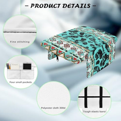 Aztec Cow Print Teal Auto Center Console Armrest Cover Arm Rest Seat Box Protective Cover with Side Storage Pockets Comfortable Middle Console Pad for Car Side Storage Box (Aztec Cow Print Teal)