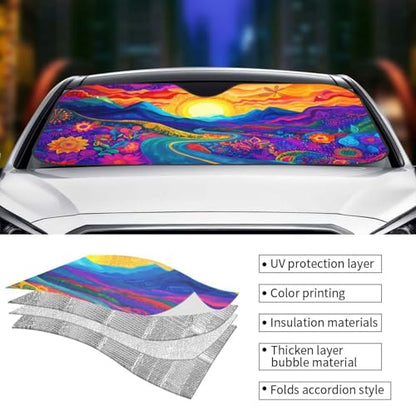 Abstract Flower Sunrise Car Sun Shade Windshield Sunshade Foldable Front Window Shield Cover for Truck SUV (Blue2 / Small)
