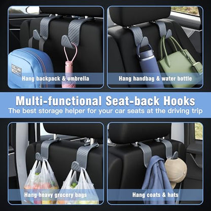 4 Pack Car Headrest Hooks Holds 55lbs Seat Storage Organizer for Bags (Grey Check)