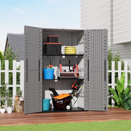 67 Cuft Vertical Outdoor Storage Shed Diamond Texture Resin Outdoor Cabinet (White & Grey-52 Cu ft)