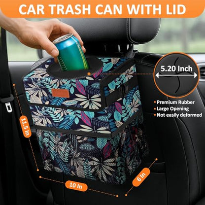 Car Trash Can with Lid Leak Proof Car Accessories for Women (3 Gallons / Colorful Leaves)