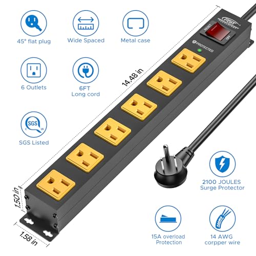 6 Outlet Heavy Duty Metal Power Strip with Switch 15A (Black+Yellow-6 Outlet-6 FT / 2PK)