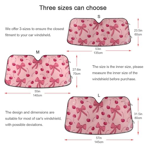Car Windshield Sun Shade Bow Cherry Pink Foldable Car Front Windshield Sunshade Blocks UV Rays Sun Visor Heat Protection for Truck SUV to Keep Your Vehicle Cool (Large / Bow Cherry Pink)