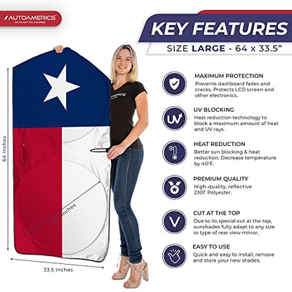 1 Piece Windshield Sun Shade American Texas Flag USA Patriotic Design (USA TEXAS FLAG / LARGE = 64 x 33.5 inches)