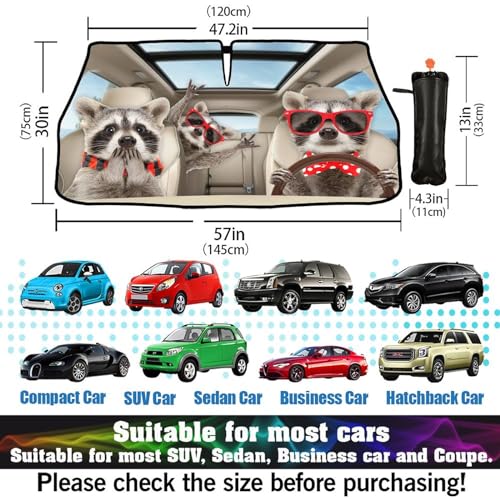 Print Raccoon Windshield Sun Shade Funny Raccoon Sun Shade for Car Front Window Block UV Rays Foldable Umbrella Windshield Sun Visor Protector Keep Vehicle Cool for Most Vehicles (raccoon)