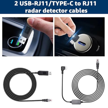 USB C to RJ11 & USB to RJ11 Radar Detector Cable for Escort Uniden & More (USB)