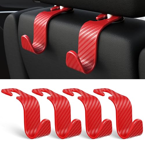4 Pack Car Headrest Hooks Holds 55lbs Seat Storage Organizer for Bags (Red Check)