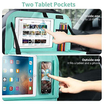 Car Backseat Organizer with Foldable Tablet Holder (Light Blue-3 / 2 Pack with Food Tray)