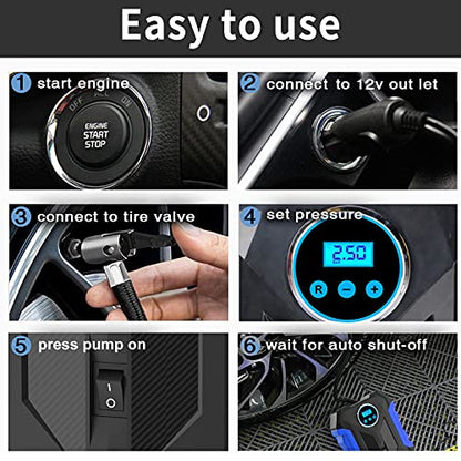 Digital Air Compressor for Car Auto Pump Portable Tire Inflator with LED Light DC 12V (Blue)