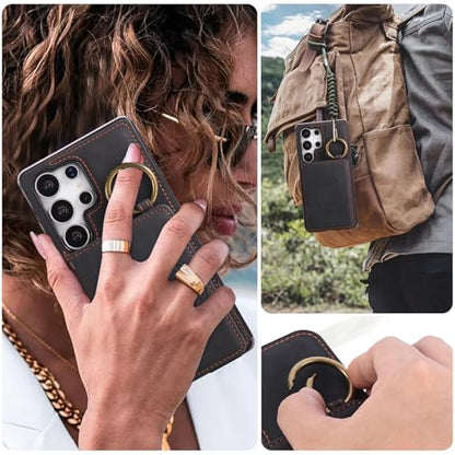 Compatible with Samsung Galaxy S25 Ultra 5G Wallet Case and Screen Protector Crossbody Shoulder Strap Ring Buckle Stand Card Holder Cell Phone Cover for S25Ultra 25S S 25 25Ultra 2025 Women Men Black (Black / for S25 Ultra)