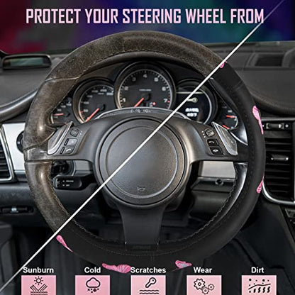 Pink Embroidery Butterfly Steering Wheel Cover (Black and Pink)