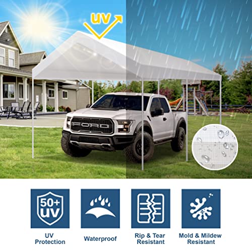 12'x20' Carport Replacement Canopy Cover for Car Garage Shelter Tent Party Tent Top Tarp with Ball Bungees (12' x 20' / White)
