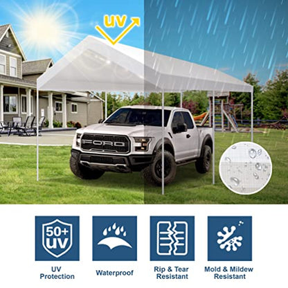 12'x20' Carport Replacement Canopy Cover for Car Garage Shelter Tent Party Tent Top Tarp with Ball Bungees (12' x 20' / White)