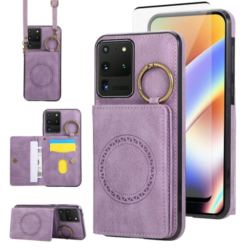 Compatible with Samsung Galaxy S20 Ultra 5G Wallet Case Screen Protector Crossbody Shoulder Strap Ring Buckle Stand Card Holder Magnetic Car Mount Phone Cover for S20ultra 20ultra G5 Women Men Purple (Purple / for S20 Ultra)