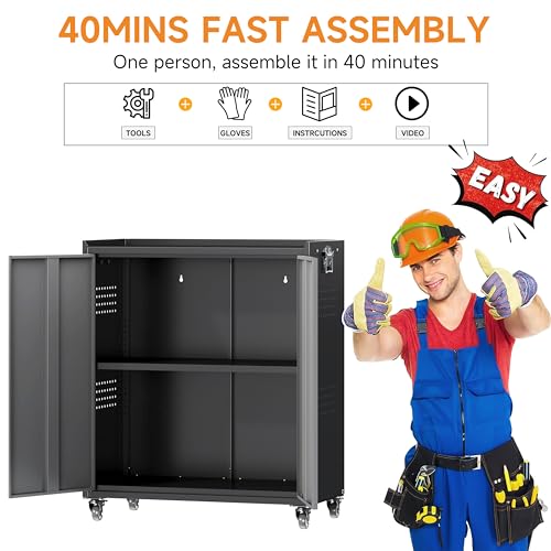 Metal Garage Storage Cabinet with Wheels (Black&gray / 34.3"H Tool Cabinet(2-Door))