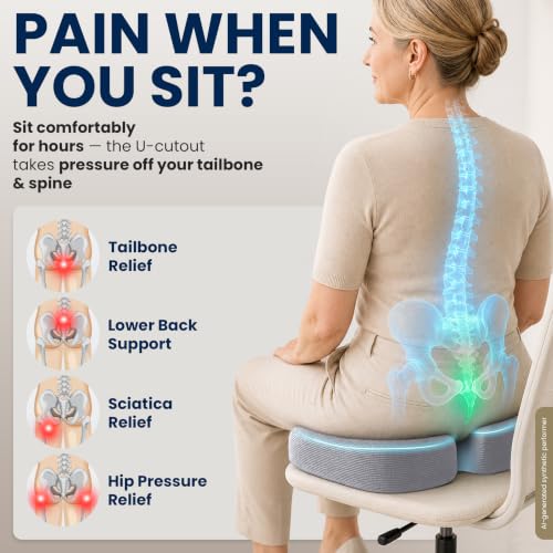 Seat Cushion Memory Foam Chair Cushion for Tailbone Pain Relief (Light Gray / Large)