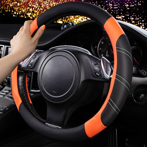 Line Rider Microfiber Leather Sporty Steering Wheel Cover Universal Fits for 95% Truck (Black＆Orange / Standard[14.5"-15"])