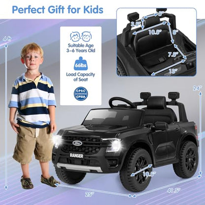 Ride On Car 12V Licensed Ford Ranger Electric Vehicle for Kids (Black / 41.5” x 25” x 24”)