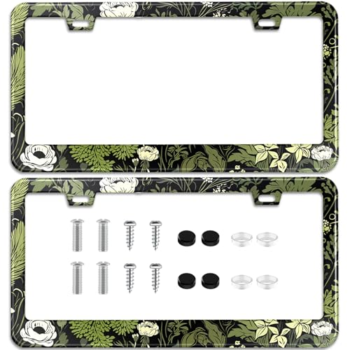 2 Pcs Sage Green Floral License Plate Frame Plant Flowers Stainless Steel License Plate Frames Holder Covers Auto Parts Decoration with Screws License Plate Holder for Car Accessories 12x6 Inch (Sage green plant floral)