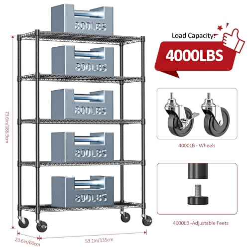 Garage Shelving Wide Storage Shelves 5 Tier Metal Shelves 4000 LBS Heavy Duty Adjustable Utility Shelf Rack Black 23.6" D x 53.1" W x 73.6" H (5 Tier, 23.6" D x 53.1" W x 73.6" H / Black)