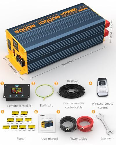 5000 Watt Power Inverter Pure Sine Wave 24V DC to 110V 120V 10000W Peak Heavy Duty Inverter with Remote Control and LED Display (5000W- 24V)