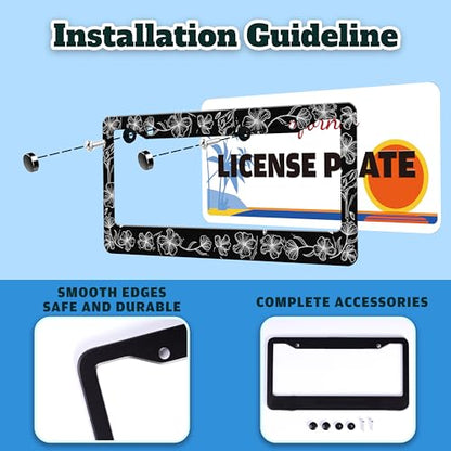 Black White Line Drawing Floar License Plate Frame Stainless Steel 6X 12 in (Black And White Line Drawing Flowers)
