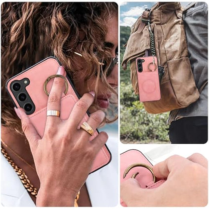 Compatible with Samsung Galaxy S23 5G Wallet Case and Screen Protector Crossbody Shoulder Strap Ring Buckle Stand Card Holder Magnetic Car Mount Cell Phone Cover for S 23 23S SM (Rose Gold / for S23)