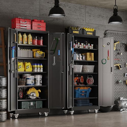 71" Metal Garage Storage Cabinet with Wheels (Black / 16"D x 32"W x 71"H)